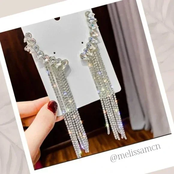 5" Long Crystal Rhinestone Fringe Formal Chandelier Earrings - Picture 7 of 9